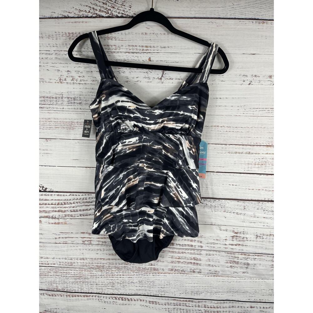Swim Solutions 8 Triple Tier Coastal Plates Black Tiered Tummy Control One-Piece